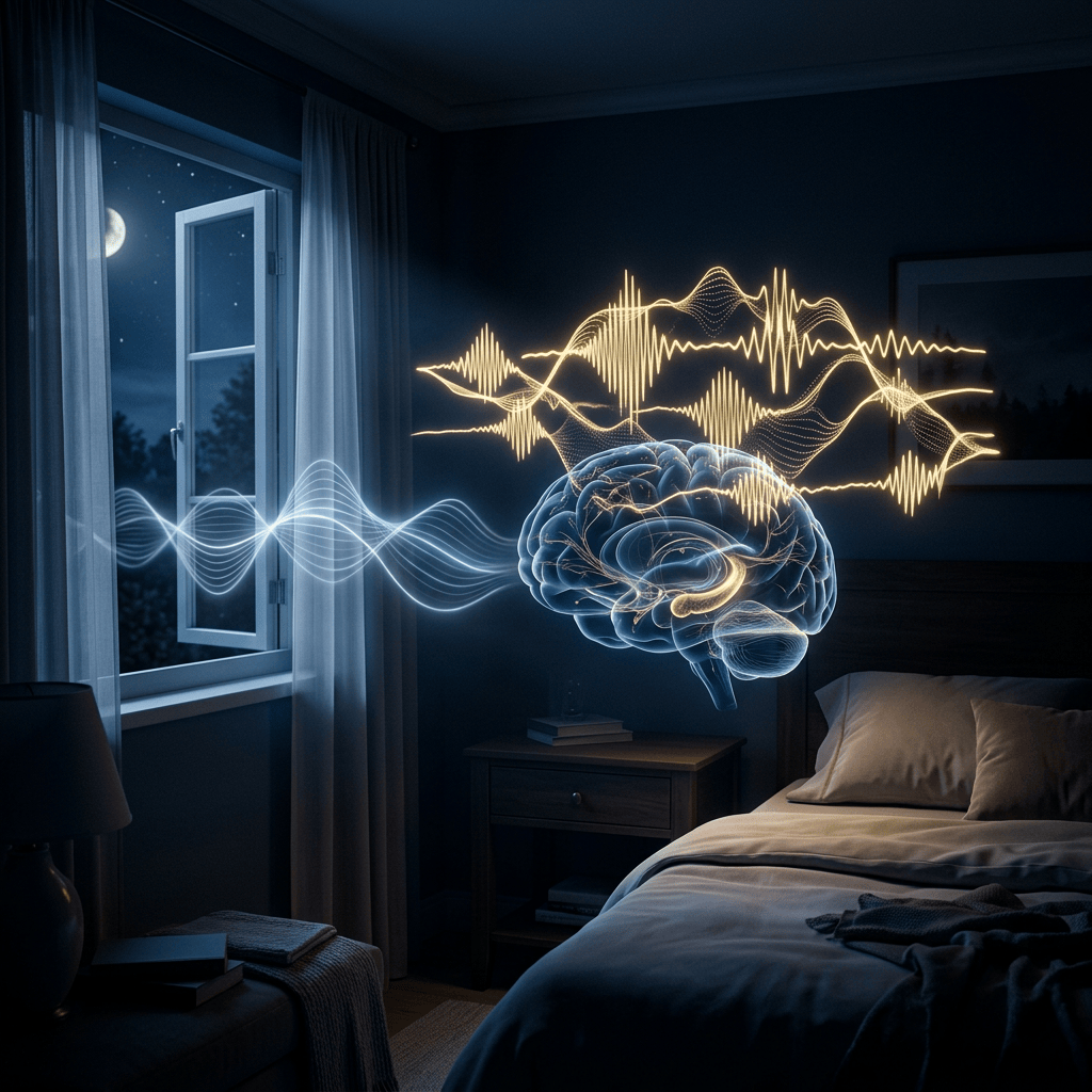 Glowing sound waves and a brain hovering in a moonlit bedroom