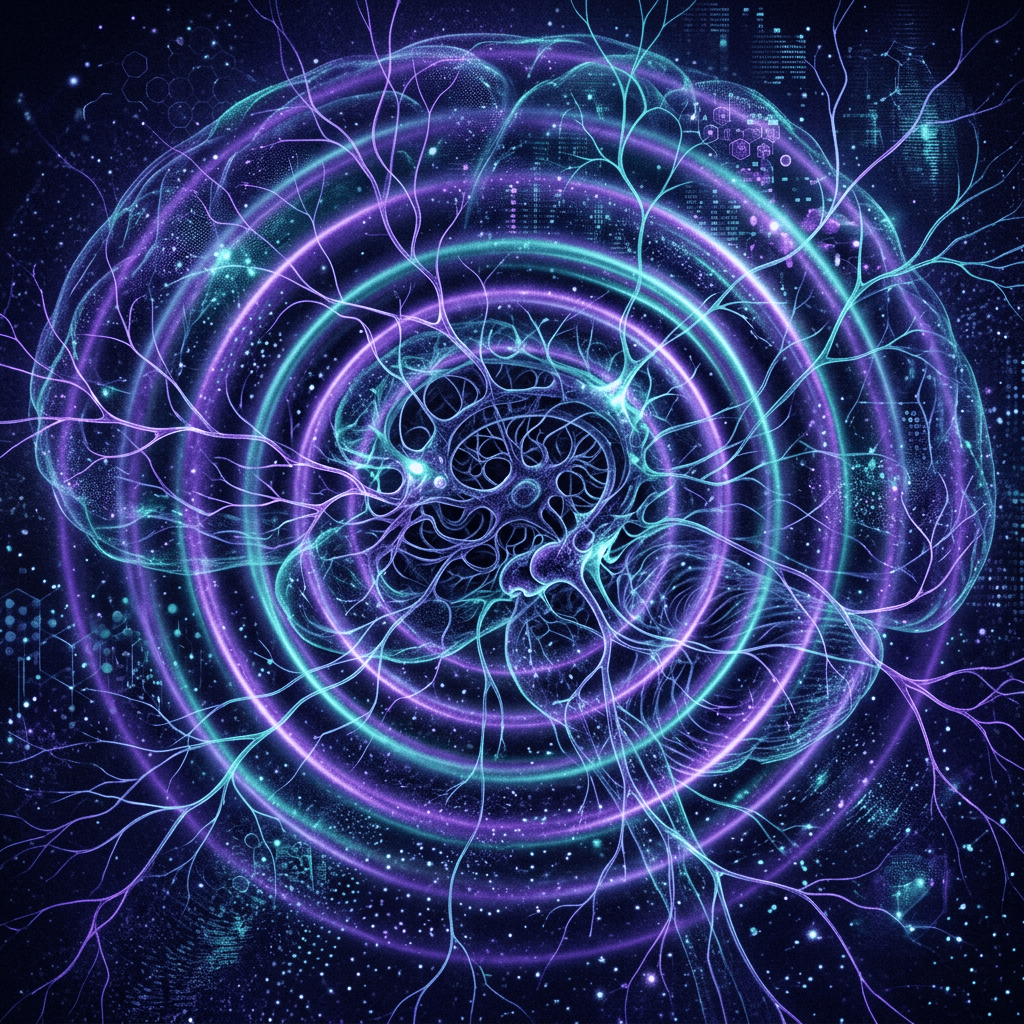 Abstract glowing neural network surrounded by concentric rings and digital data