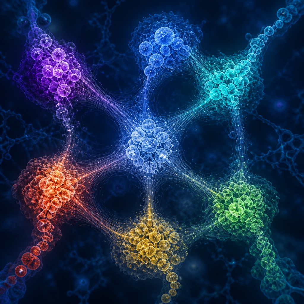 Abstract molecular network with colorful connected spherical clusters