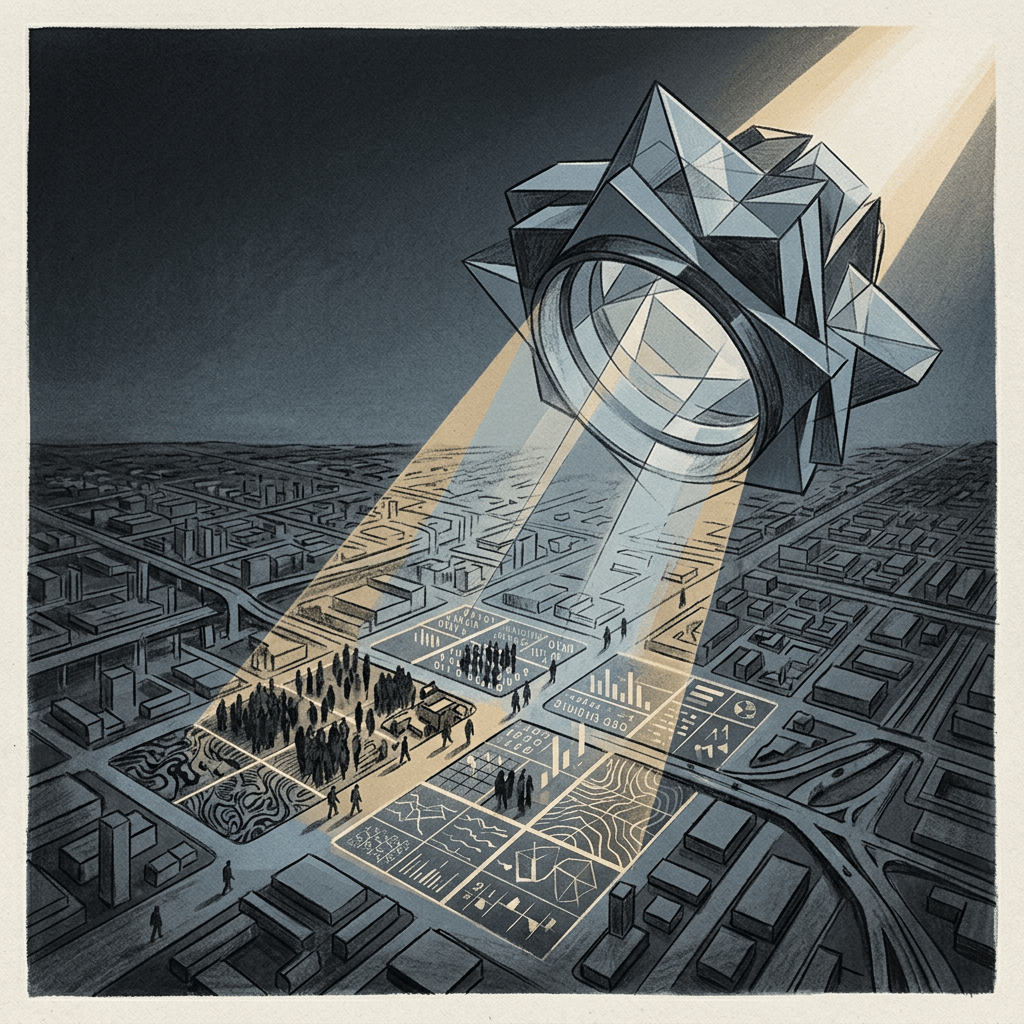 Faceted satellite projecting data visualizations over a city grid