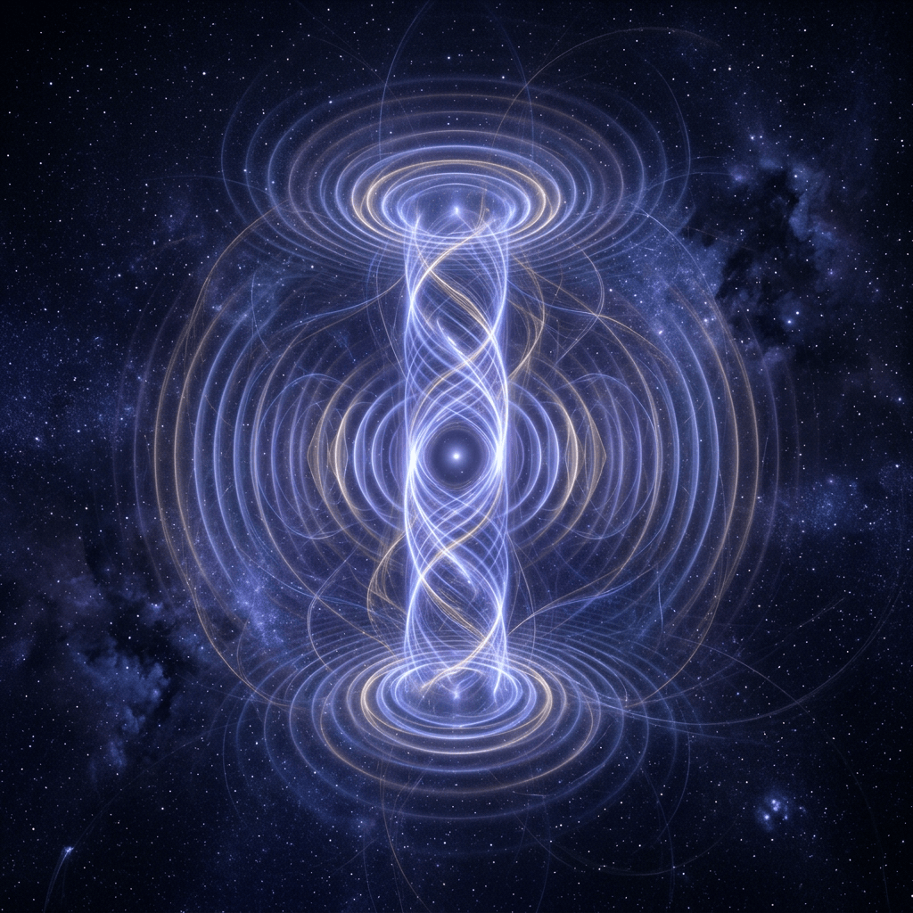 Glowing blue and gold field lines surround a bright central point in space