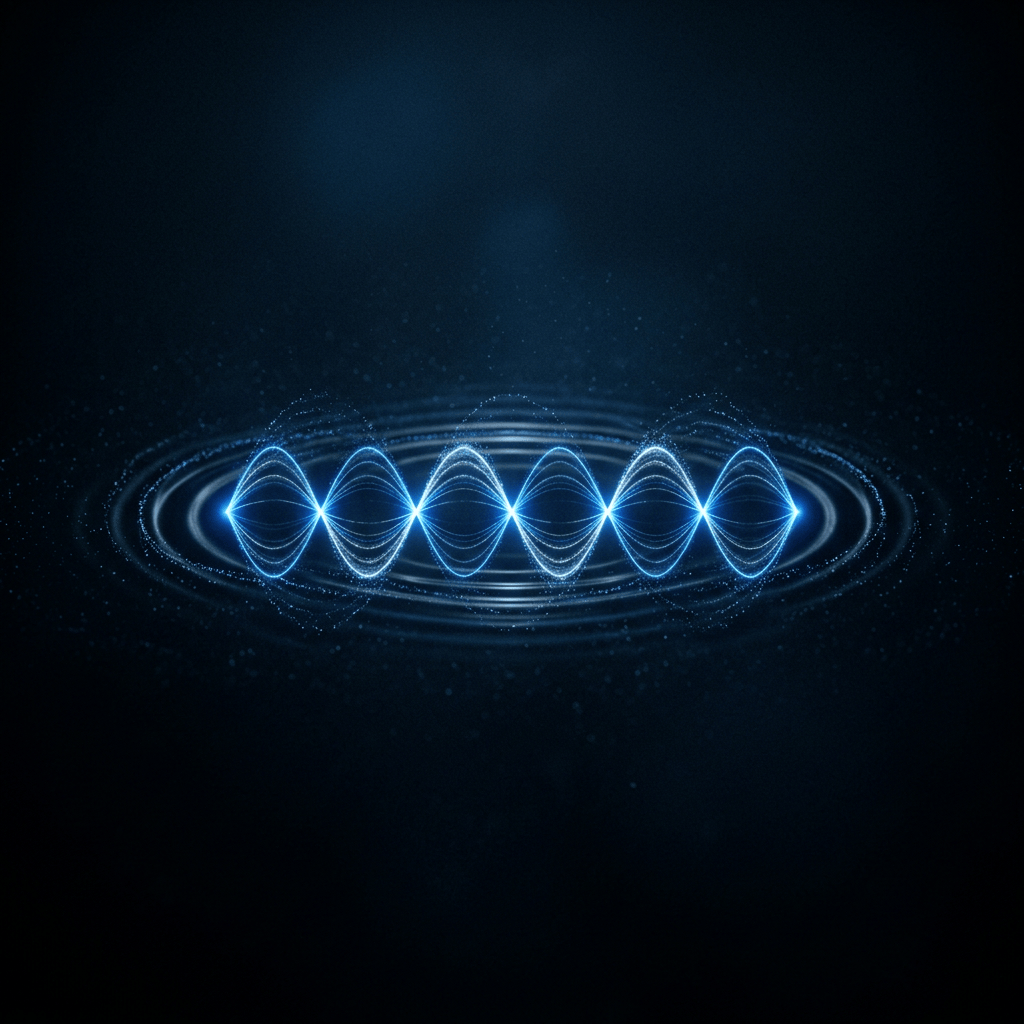 Luminous blue waveforms forming symmetrical resonance patterns on a dark background