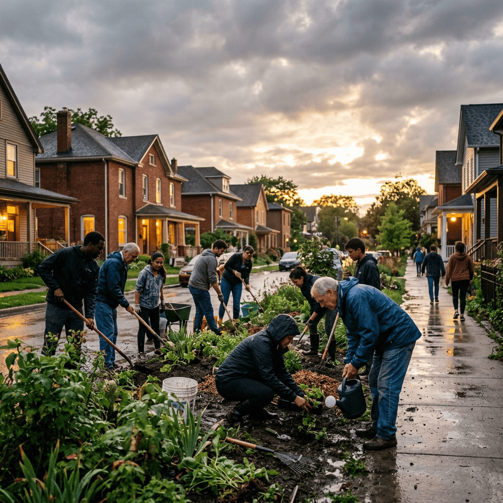 Neighbors planting and watering a garden along a residential street