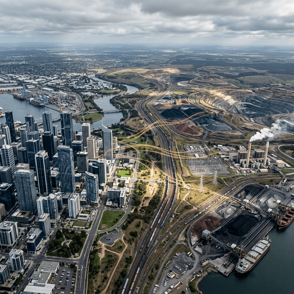 Aerial view of skyscrapers, port facilities, railways, and open-pit mining areas
