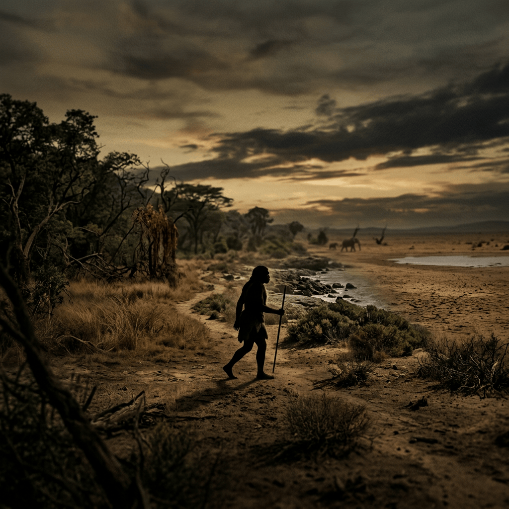 Silhouetted traveler walking with a staff along a coastal shoreline