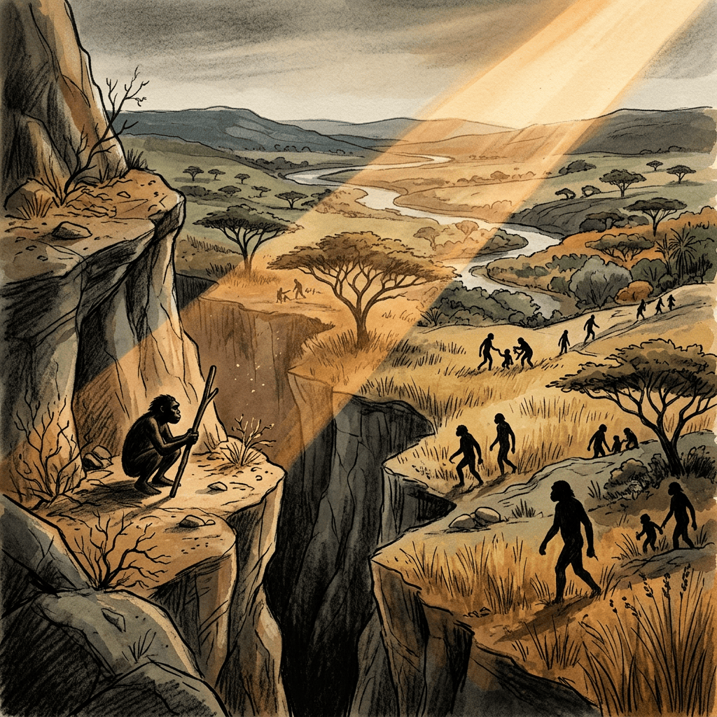 Early humans walking through a sunlit African savanna beside a deep ravine