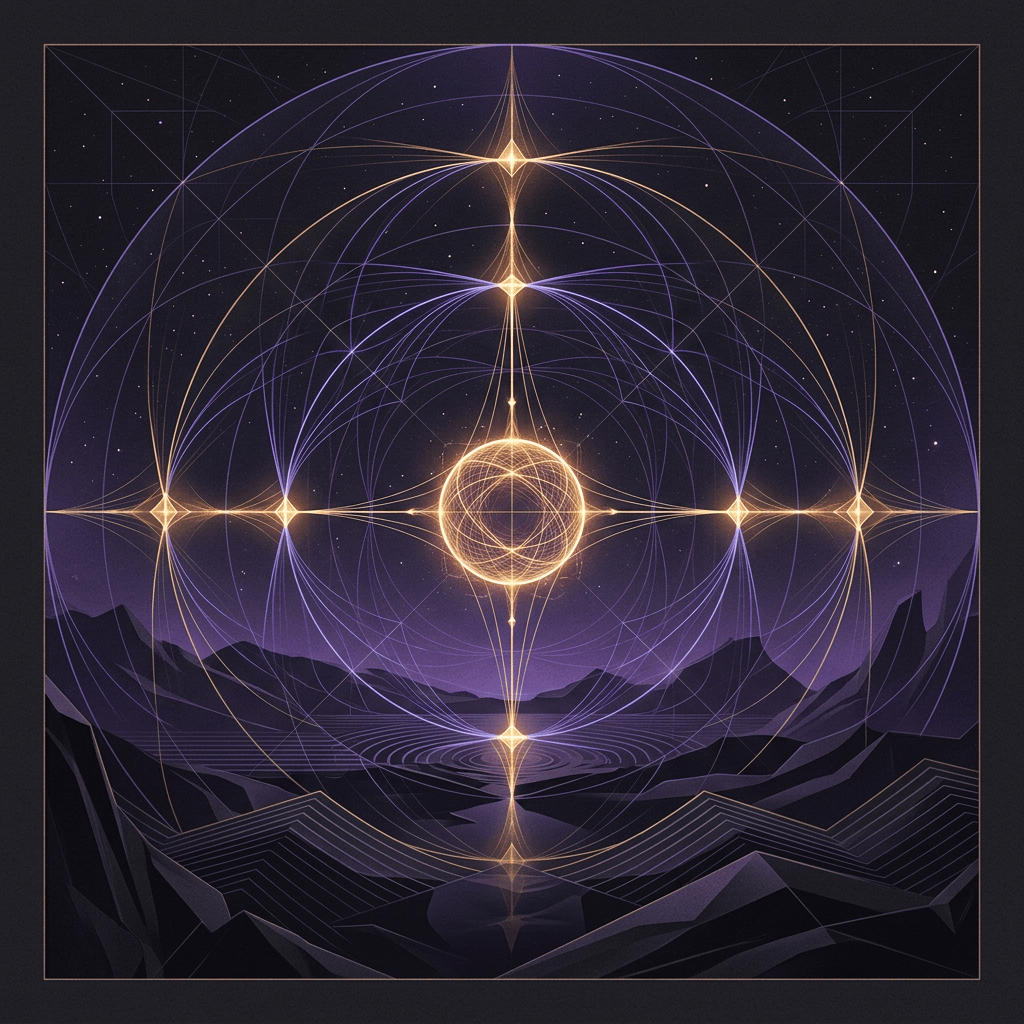 Luminous geometric arcs and stars over a purple mountain valley