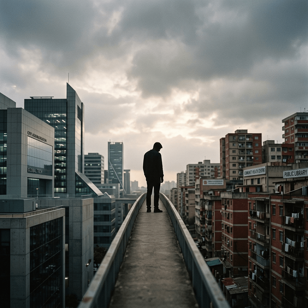 Silhouetted person on elevated walkway above a city with library and health centre signs