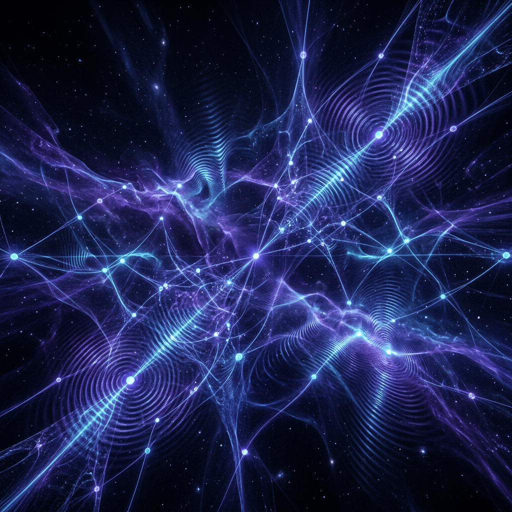 Abstract cosmic network of glowing nodes, waves, and connecting lines