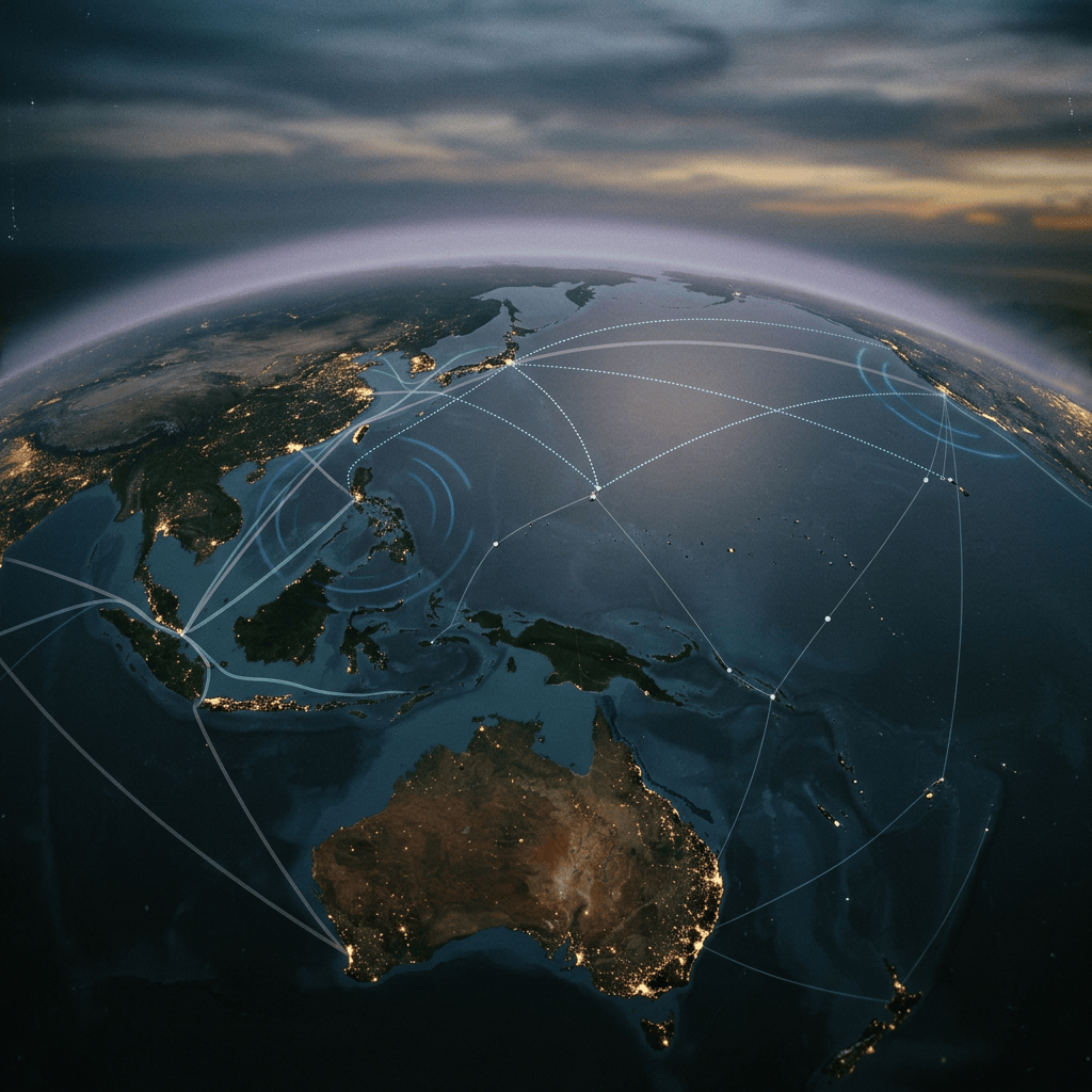 Nighttime Earth centered on Asia-Pacific with glowing network routes