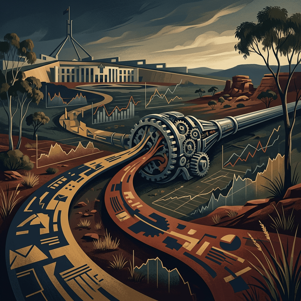 Stylized landscape with gears, financial charts, pathways, and a modern institution