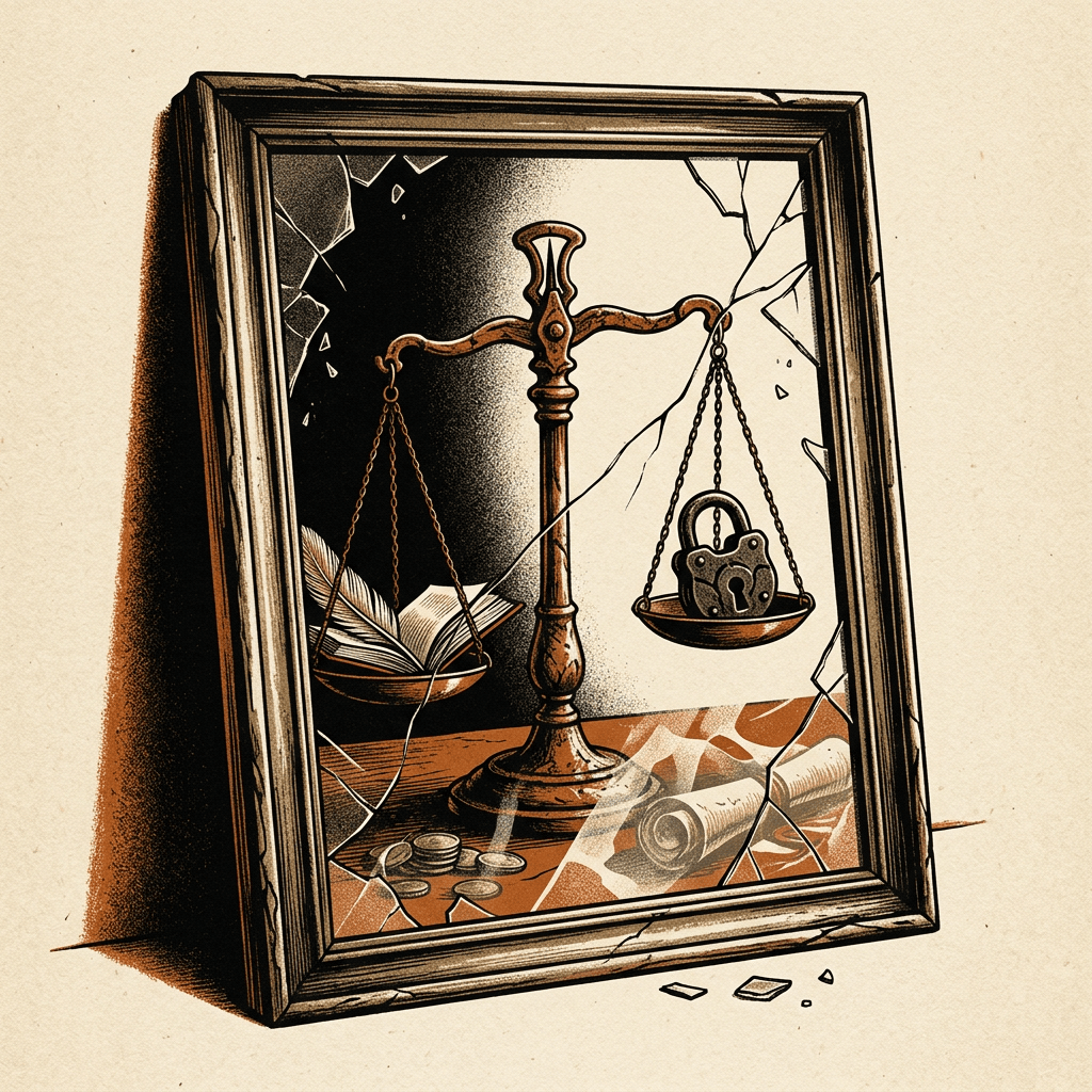 Shattered framed scales of justice with an open book, locked chest, coins, and scrolls