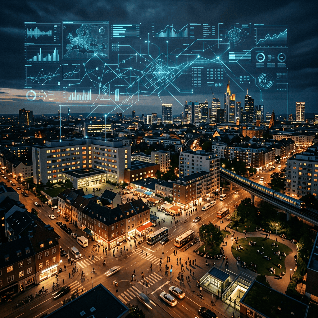 Nighttime city skyline with glowing data analytics and network connections