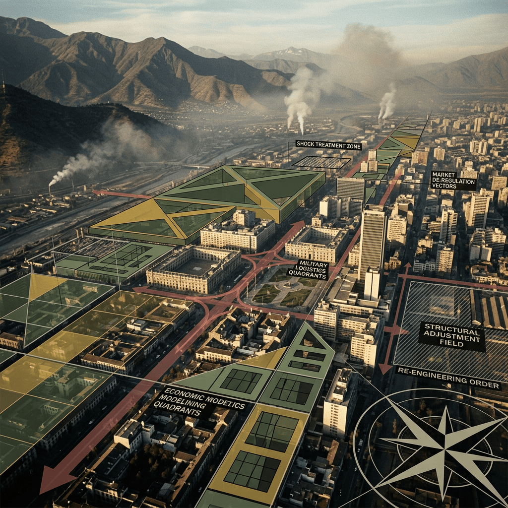 Aerial city map labeled SHOCK TREATMENT ZONE, MARKET DE-REGULATION VECTORS, MILITARY LOGISTICS QUADRANTS, STRUCTURAL ADJUSTMENT FIELD, RE-ENGINEERING ORDER, and ECONOMIC MODETICS MODELING QUADRANTS