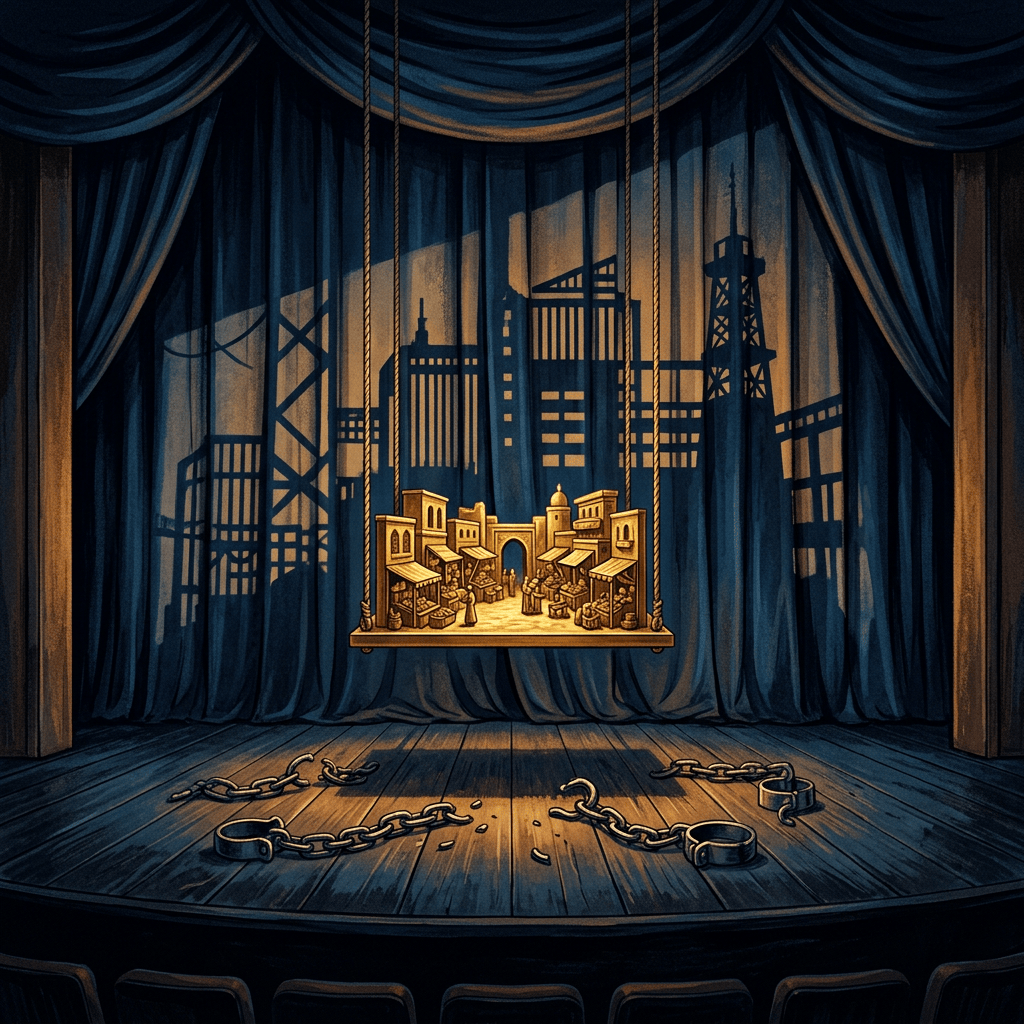 Suspended miniature marketplace set before a silhouetted cityscape on a theater stage