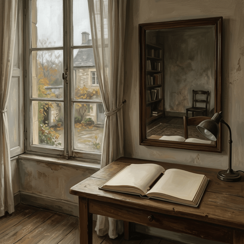 Open book on wooden desk beside lamp and window overlooking autumn courtyard
