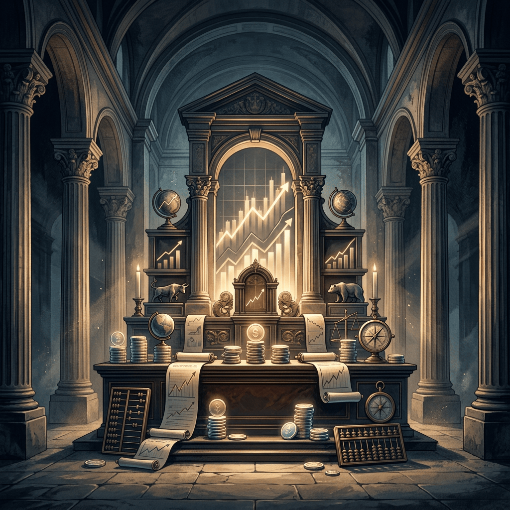 Ornate hall with rising financial charts, coins, ledgers, and market symbols