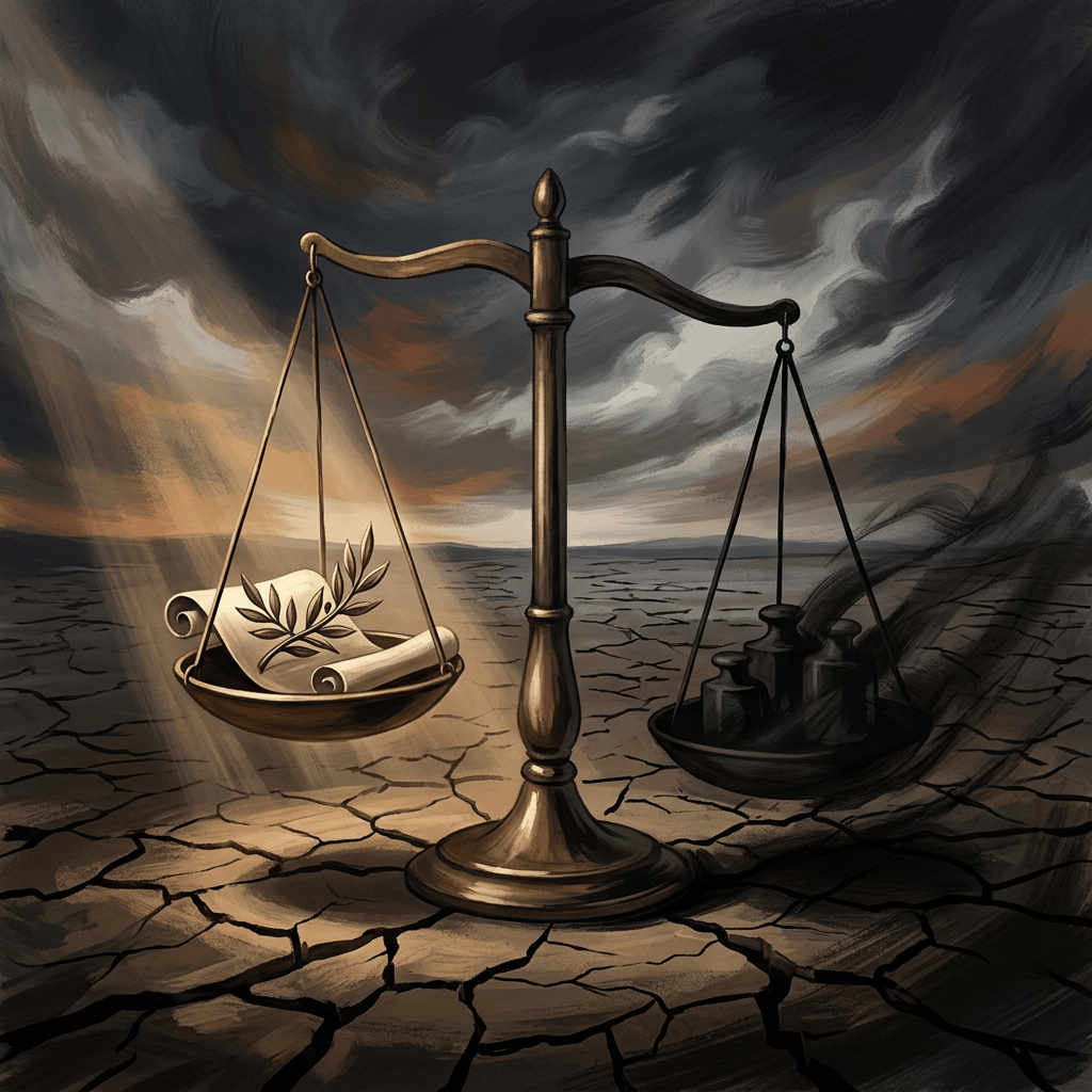 Balanced legal scales on cracked ground