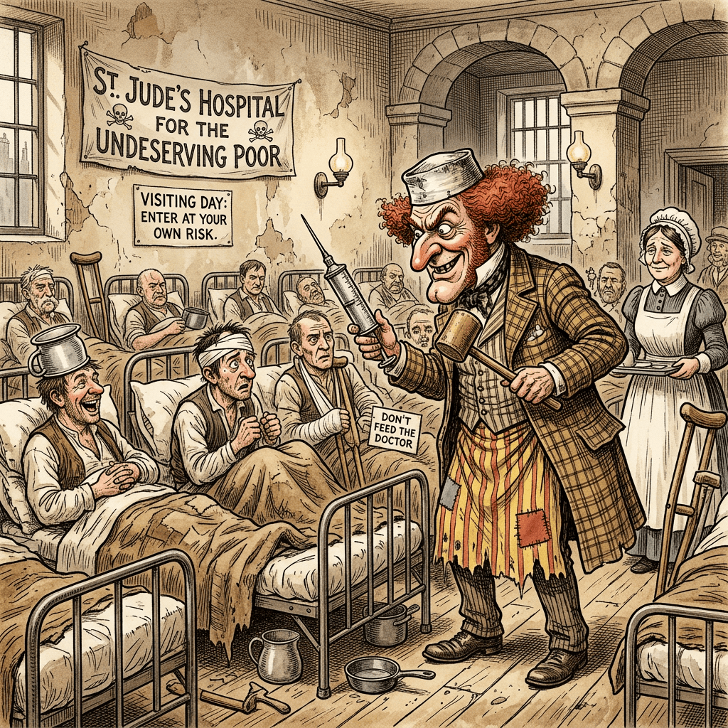 Comic Victorian hospital ward with surgeon