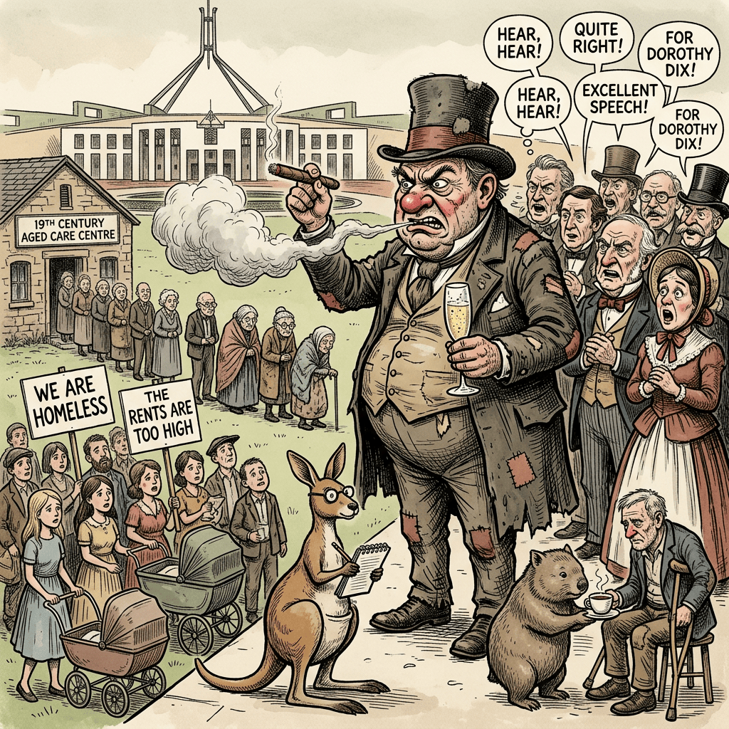Satirical Punch-style Australian Parliament welfare scene