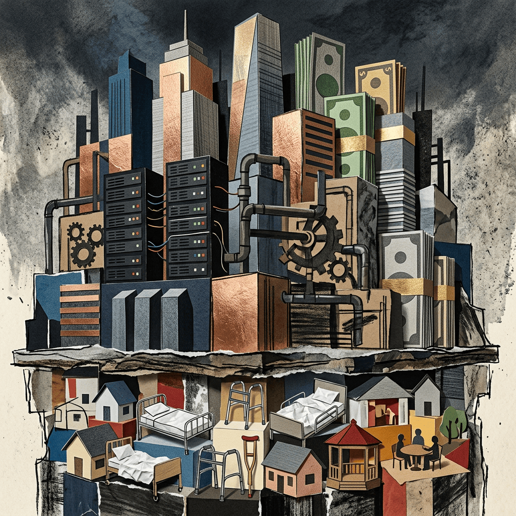 Illustration linking skyscrapers, servers, money, machinery, hospitals, and homes