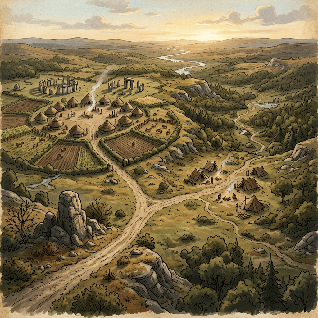 Illustrated prehistoric valley with huts, fields, stone circles, rivers, and campfires