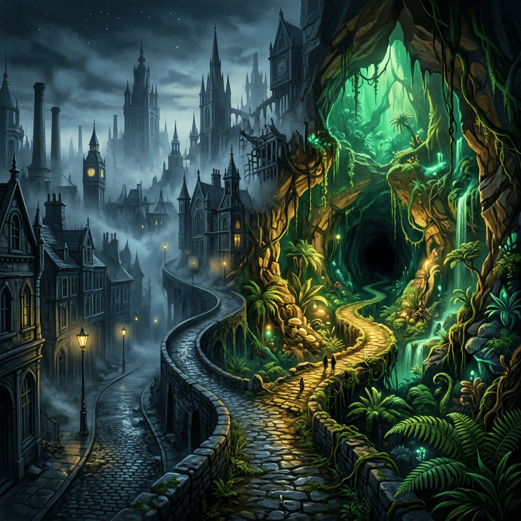 Misty gothic city beside a glowing jungle cave and winding paths