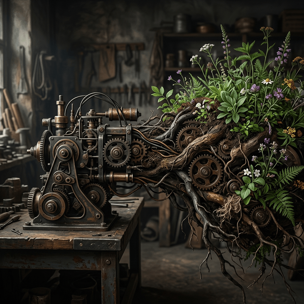 Vintage geared machine intertwined with roots, gears, and flowering plants