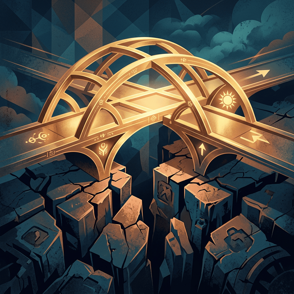 Golden intersecting bridges spanning a cracked chasm beneath dark clouds