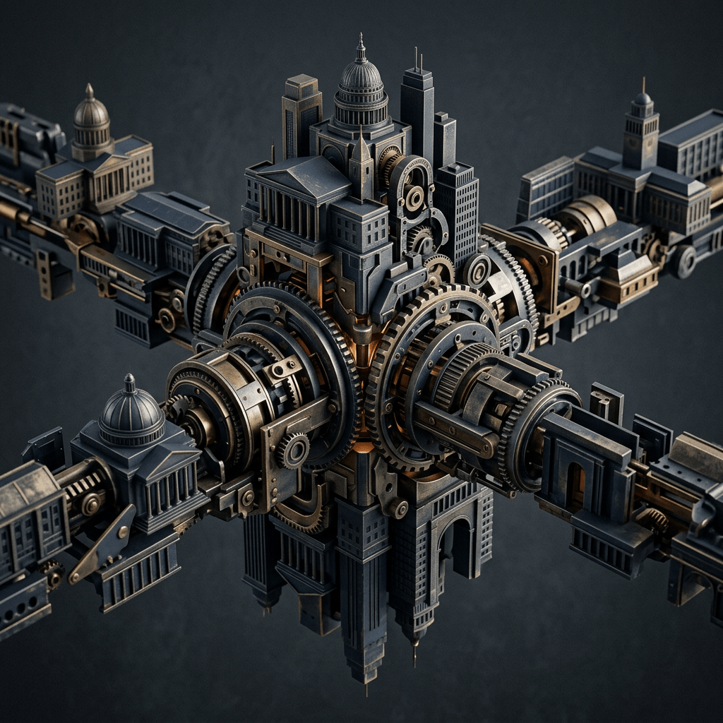 Clockwork city of ornate buildings, gears, and mechanical components