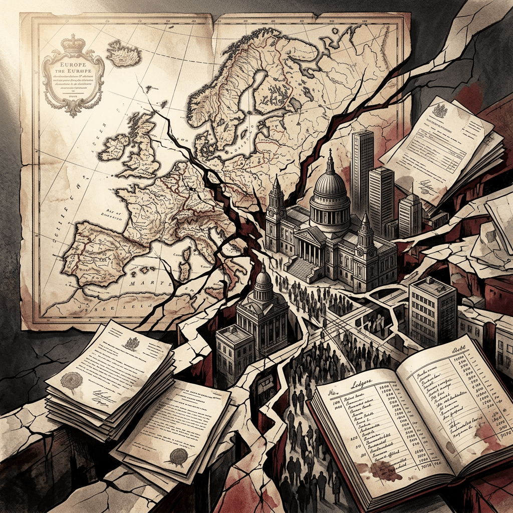 Antique map of Europe cracking around government buildings and official documents