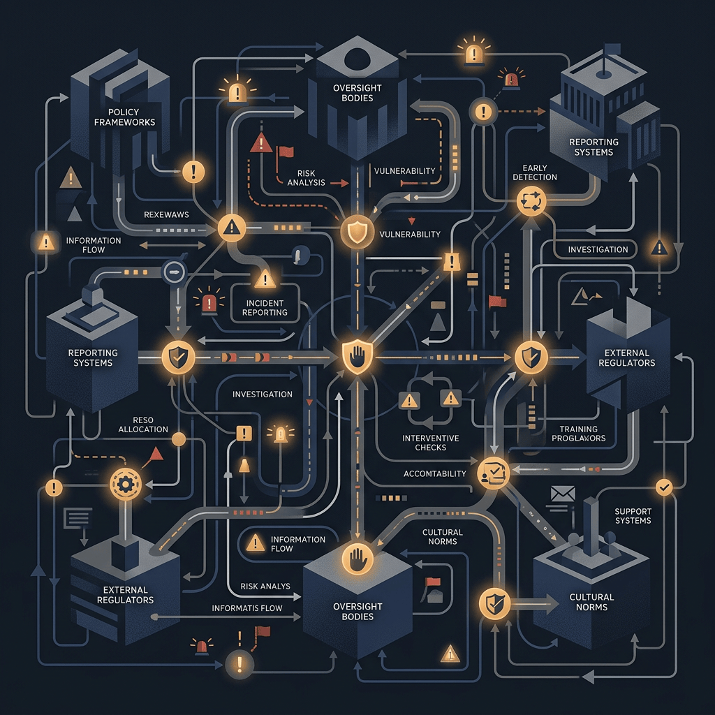 Complex diagram linking oversight, reporting, regulators, investigations, and risk controls