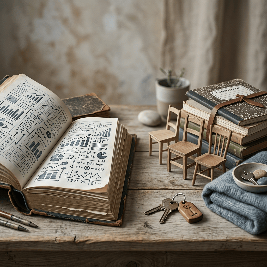 Open book of charts beside stacked books labeled COMPOSITION, chairs, keys, and folded fabric
