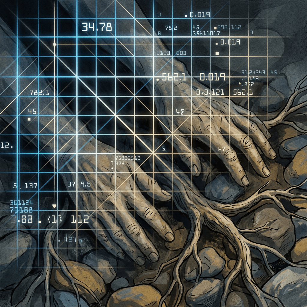 Illustration of weathered hands and roots beneath a glowing grid of numbers