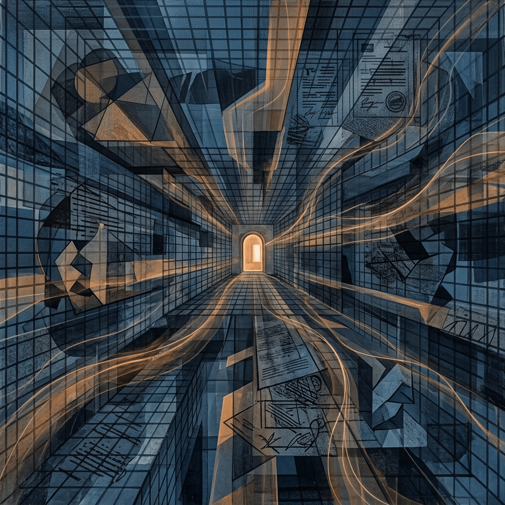 Surreal glass corridor with glowing lines and layered document forms