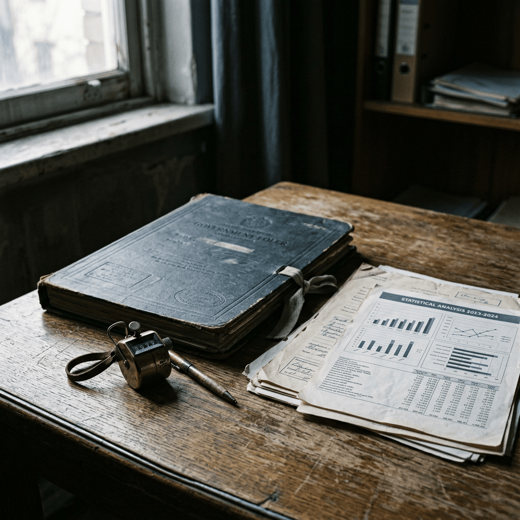 Weathered ledger, measuring device, pen, and statistical reports on a wooden desk