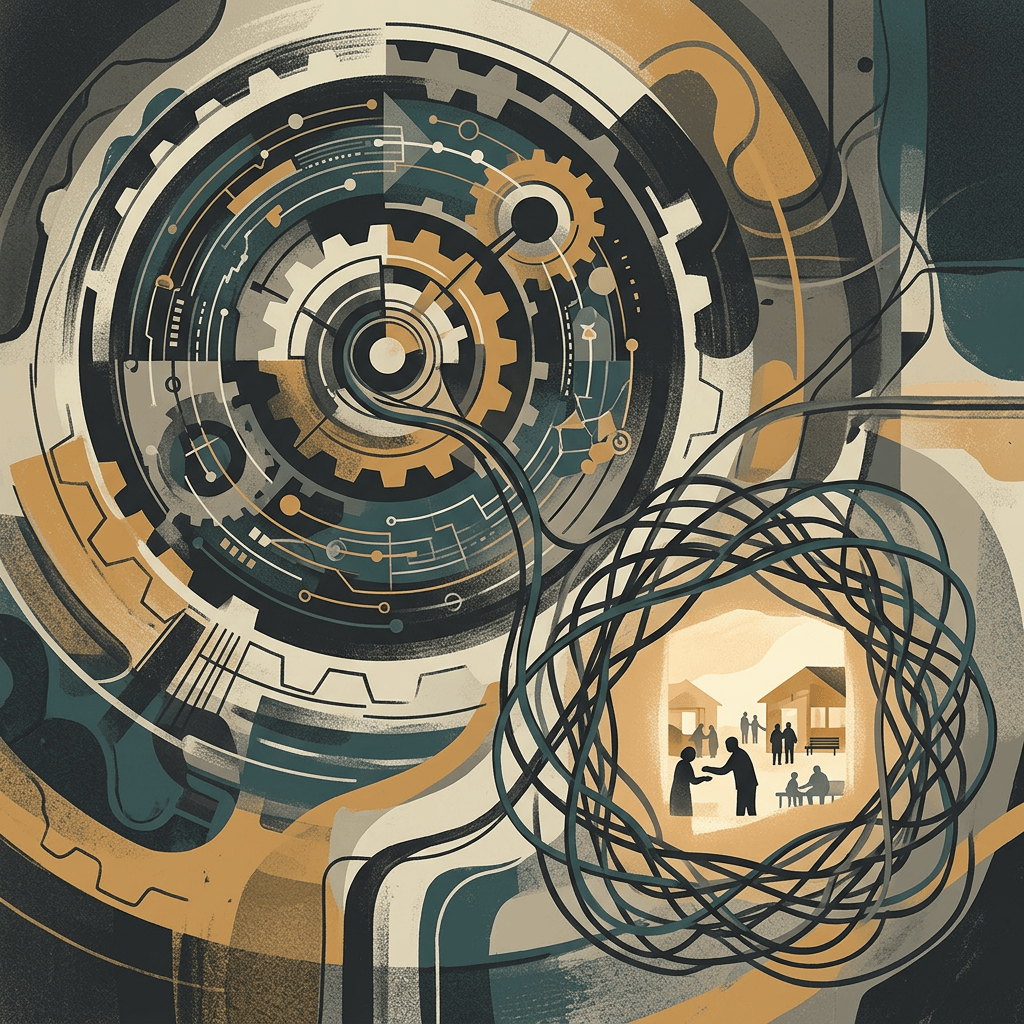 Abstract mechanical network connected to silhouettes of people in a community