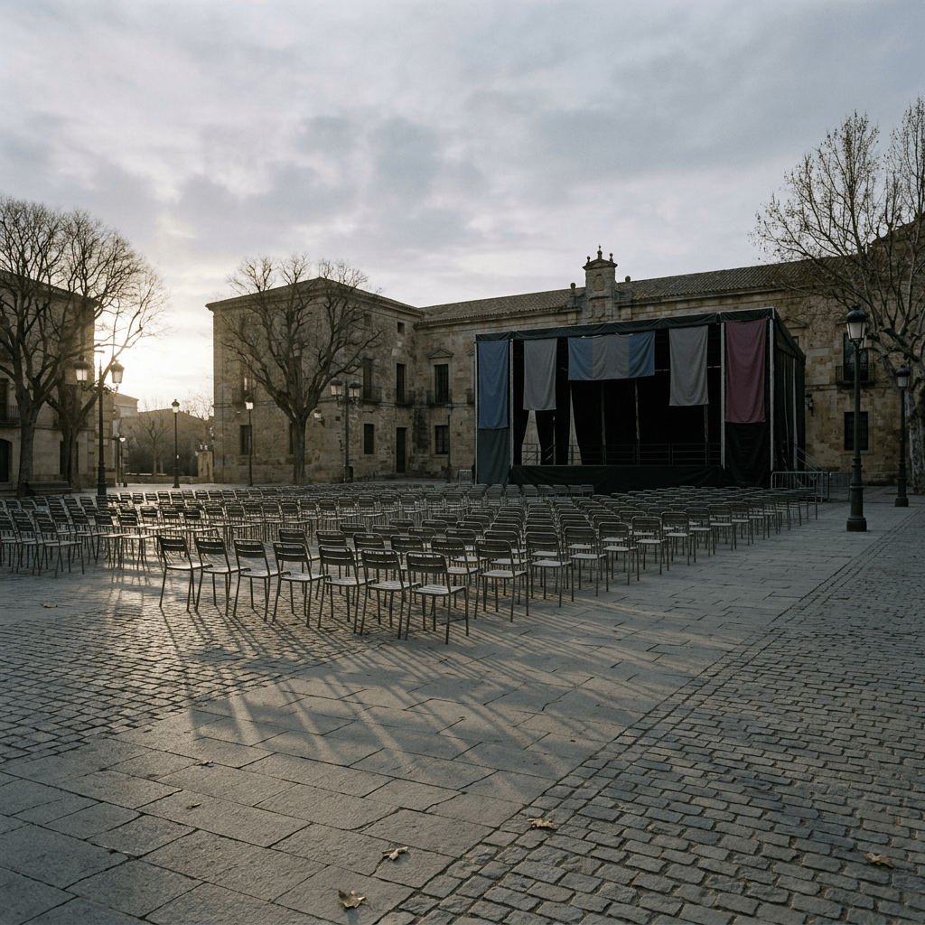 Rows of chairs facing a stage in a historic stone plaza